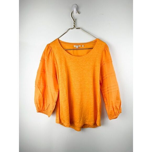 Chicos Linen Womens 1 US M Puff Sleeve Detailed Sleeve Shirt Blouse Orange - Picture 1 of 6